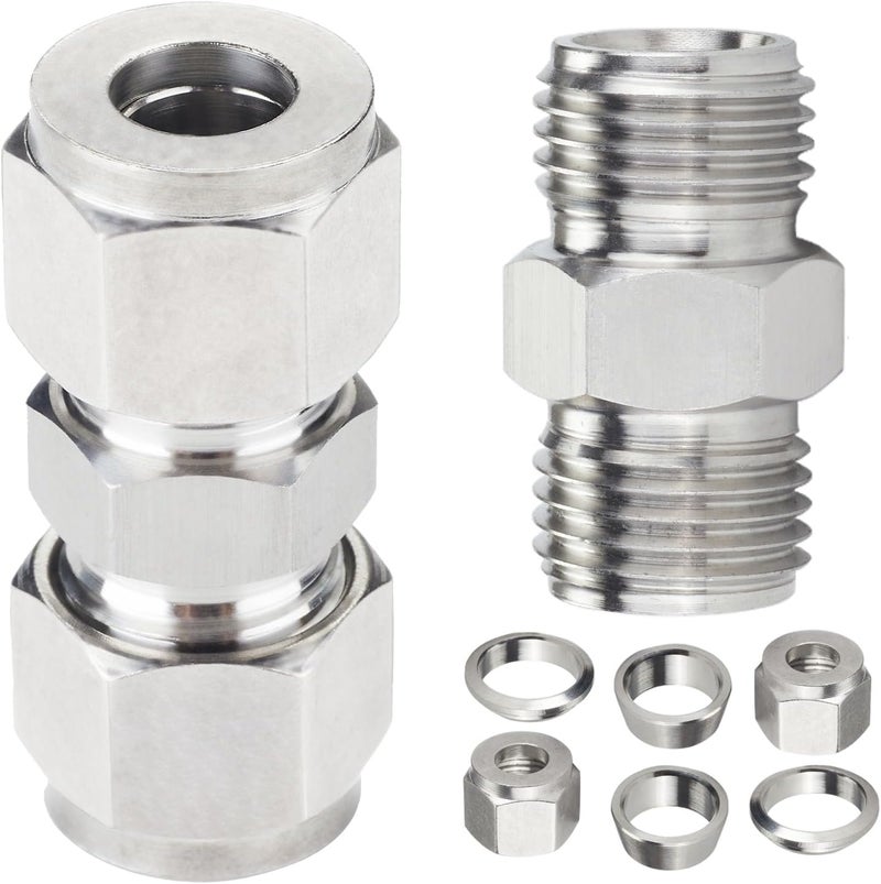 Yoebor Metalwork 304 Stainless Steel Compression Tube Fitting, Union W/Double Ferrule, 6mm Tube OD x 6mm Tube OD (2 Pcs) - Image 3